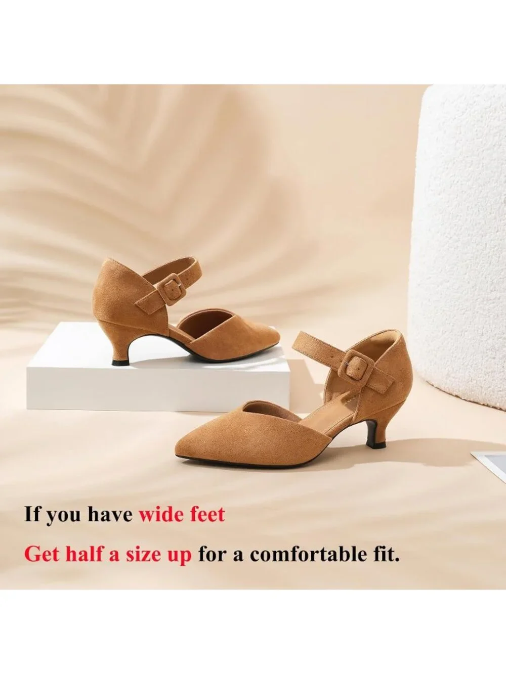 Women's Brown Suede Closed Pointed Toe Ankle Strap Buckle Heels Slip on Low Heel